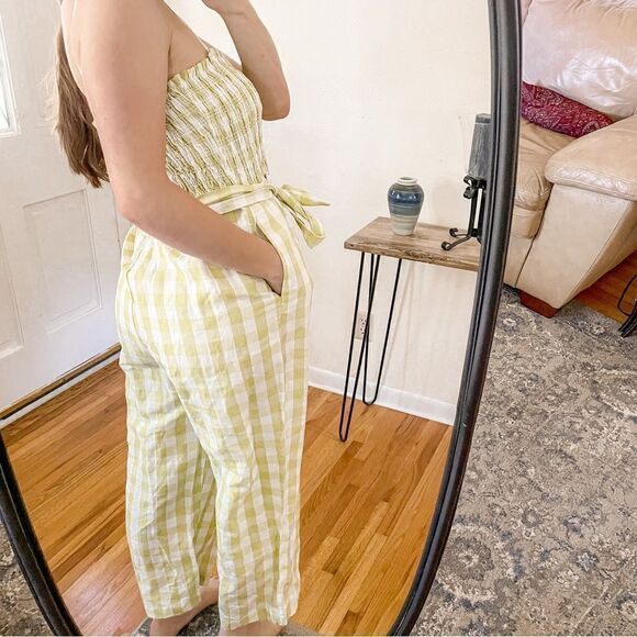 House Of Harlow Linen Gingham Smocked Jumpsuit Lime Green - Picture 3 of 8